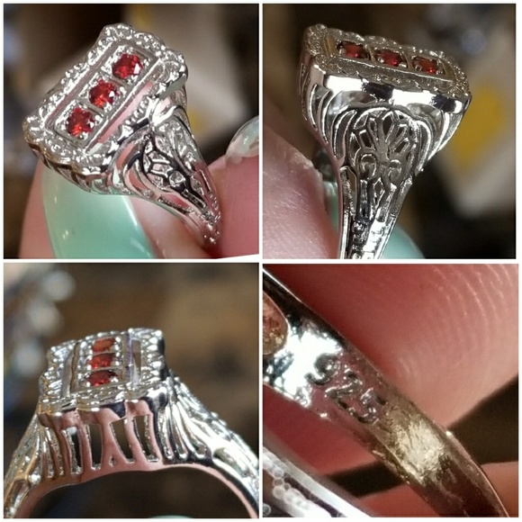 Genuine 1ct Red Fire Garnets Art Deco Ring - Picture 4 of 5